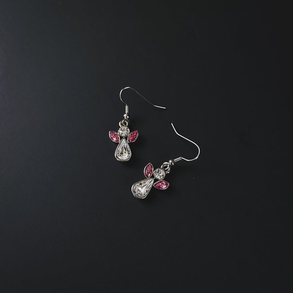 Dainty Silver Angel Crystal Rhinestone Pink Wings October Birthstone Earrings - Picture 6 of 7